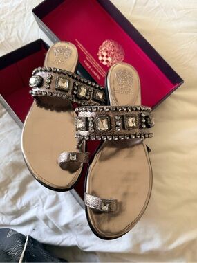 Vince Camuto Analisa Embellished Sandals – Steel Shattered Metallic | Size 10